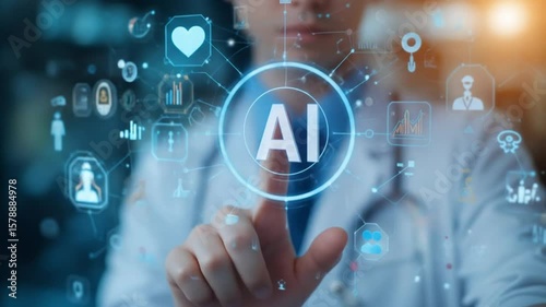 Close-up of doctor touching AI icon on virtual screen, floating medical icons and graphs, healthcare with AI interface, AI doctor, medical diagnosis, health data. 4k video