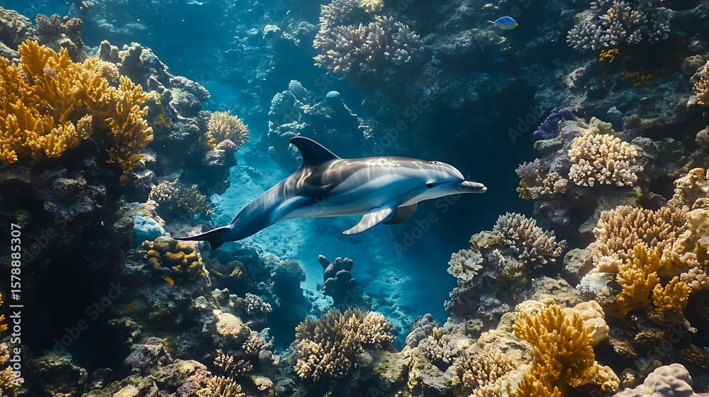 Fototapeta premium Dolphin swimming amidst vibrant coral reef ocean