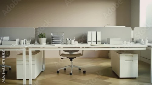The company's interior is minimalist with neatly arranged office supplies and soft neutral colors throughout.