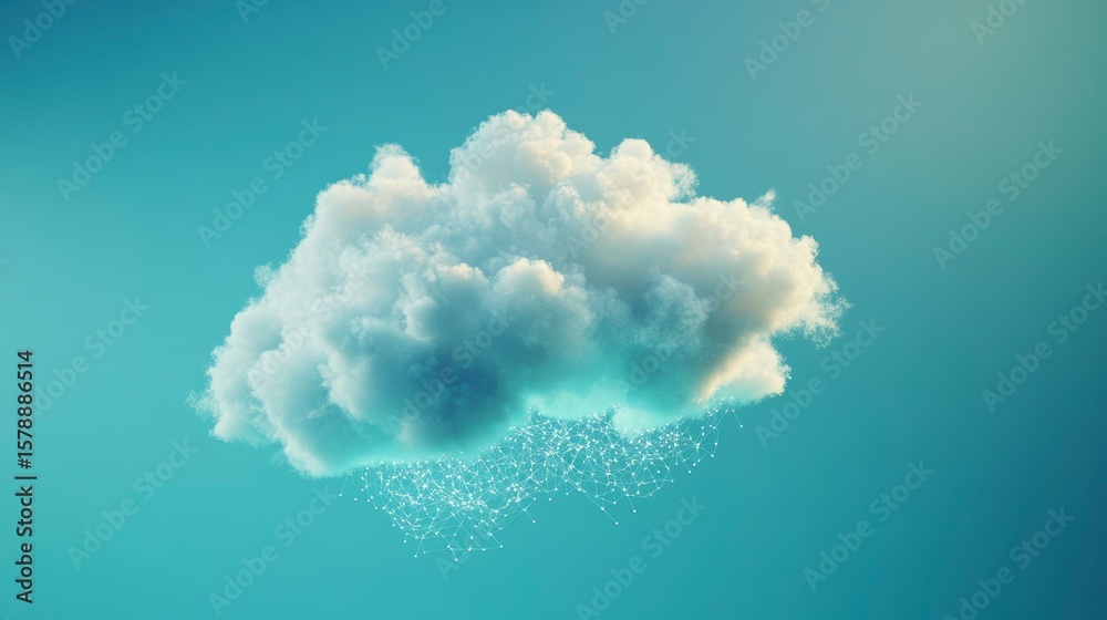 Naklejka premium Single fluffy cloud raining light particles against a teal sky.