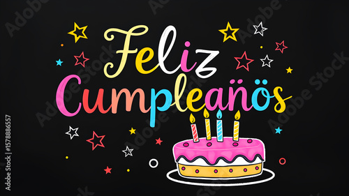 Feliz Cumpleaños in colorful chalkboard style with cake doodle, candles, and stars, rustic and cozy birthday image, 4K