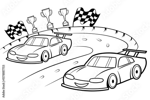 Two race cars speeding on racetrack with trophies in background  