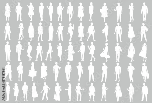 Flat silhouette people set, standing walking poses, vector illustration, crowd human shapes, casual fashion, white figures on gray background, diverse urban character elements, editable outline