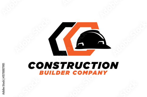 Initial CC letter logo design, Construction company featuring a hardhat and hexagon.