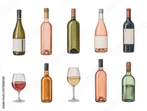 Watercolor wine bottles and glasses set. Beautiful bottles and glasses for decoration menu in restaurant or cafe. Alcoholic beverage.