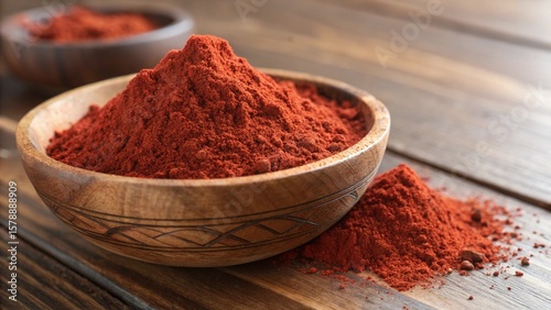 Fototapeta Naklejka Na Ścianę i Meble -  Ground red hot chili pepper and paprika in a wooden bowl, a vibrant spice for seasoning food