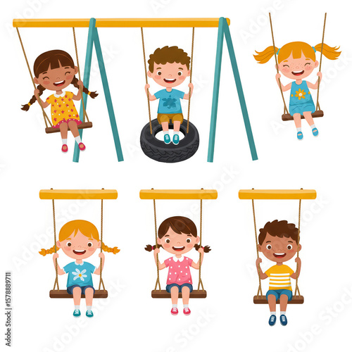 Cartoon Children Play Together on Swings at Park Illustration