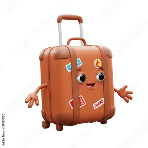 Cartoon Luggage 3D Render Cute Travel Character Isolated Transparent Bag
