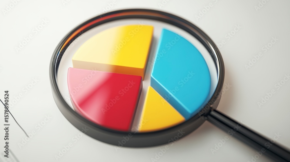 Fototapeta premium Magnifying glass over a colorful pie chart on a document.