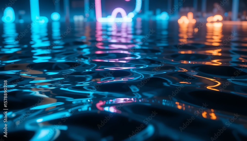 Abstract image of neon glow reflected on a rippling water surface at night. Abstract image of neon glow reflected on a rippling water surface at night.
