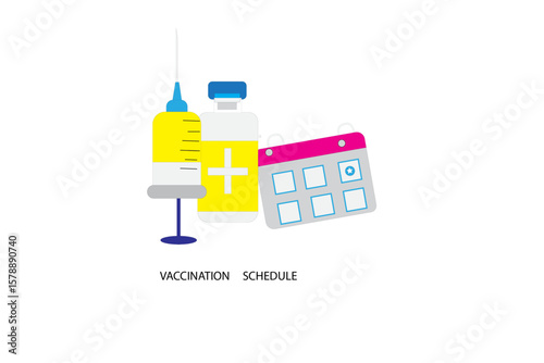 Vaccine Reminder and Schedule Concept – Modern Flat Design of Syringe, Medicine Bottle, and Calendar for Pediatric, Adult, or Travel Immunization Programs

