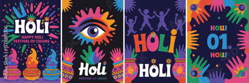 Holi celebration vector with Indian woman tossing vibrant color splashes, traditional paint pots, cheerful dancing people, colorful hand prints and festival-themed icons, suited for greeting card