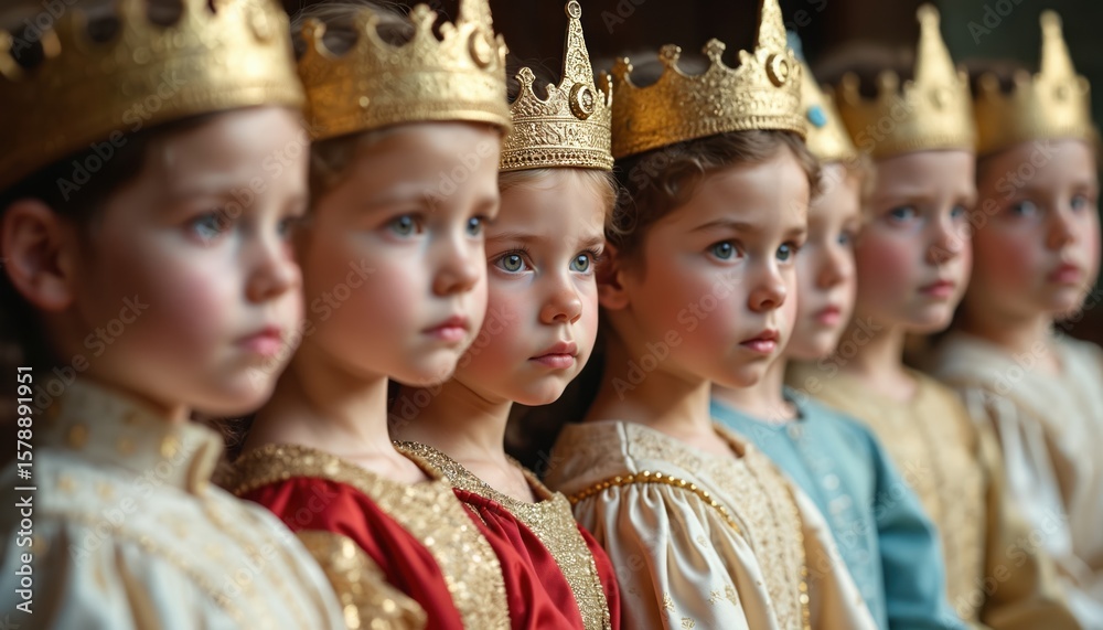 Close-up of children in regal costumes. Adorable kids wear golden crowns, fancy dresses, gowns. Young girls, boys portray royalty, princess, queen, king. Group in a line, historical, fairy tale. Close-up of children in regal costumes. Adorable kids wear golden crowns, fancy dresses, gowns. Young girls, boys portray royalty, princess, queen, king. Group in a line, historical, fairy tale.