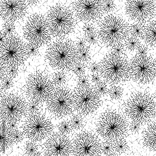 Monochrome floral pattern with radial blossoms and intricate connecting lines in a dense arrangement