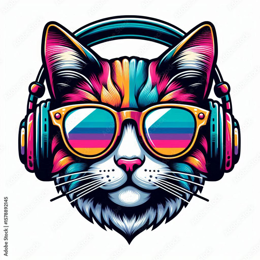 Fototapeta premium the head of a cat, cat, cat with headphone, cat vector, cat with a bow tie, cat with a bow, cat on a black background, black cat with red eyes, black cat with red hair, cat head with wings