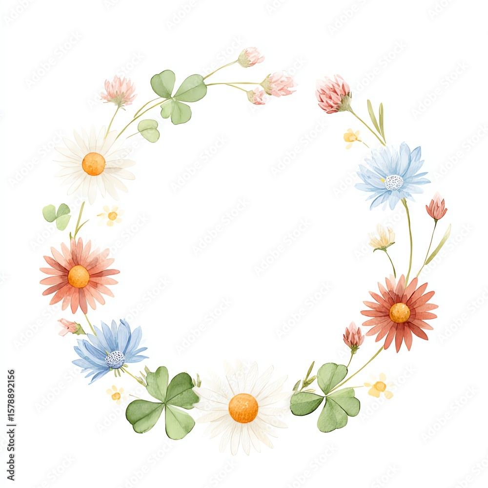 Fototapeta premium Watercolor Floral Wreath with Daisies, Clover, and Cornflowers