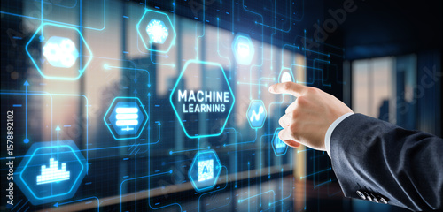 Businessman presses a button Machine learning. New technology 2025