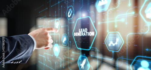 Businessman presses a button on the virtual screen: Lead generation