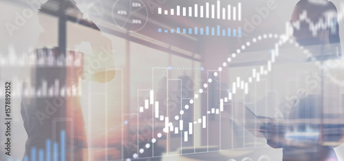 Financial histograms against the backdrop of offices. 2025 Finance background