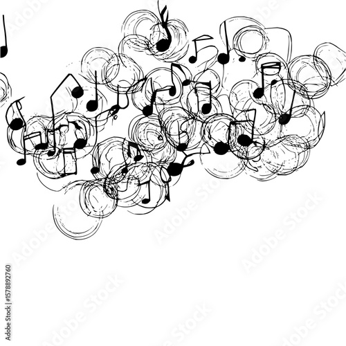 Musical notes scattered over a background of circular scribbles in a black and white illustration