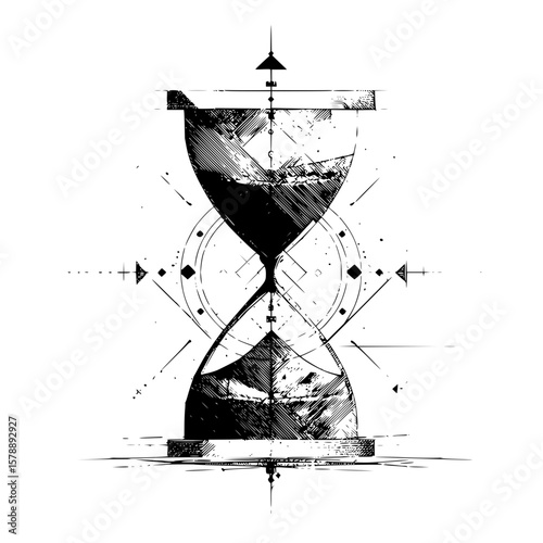 Detailed sketch of an hourglass with geometric shapes and intricate line work in black and white style