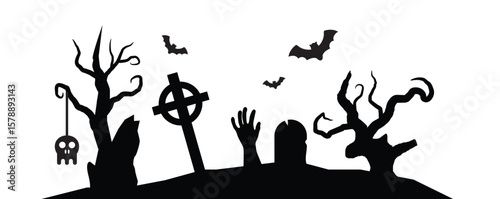 Scary Halloween Graveyard Silhouettes of Trees Zombie Hand Crosses. International autumn holiday celebration concept vector art