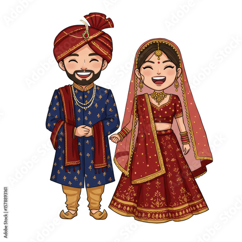 Cartoon Indian Wedding Couple Illustration with Traditional Dress and Turbans