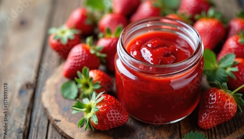 Wallpaper Mural Homemade strawberry jam glass jar on rustic wooden background. Fresh strawberries, preserve for culinary, gourmet dessert ideas. Healthy red fruit with berries, summer mood. Torontodigital.ca