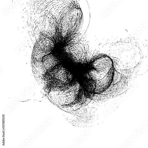 Abstract black and white vortex design with swirling lines and dense central concentration of ink strokes