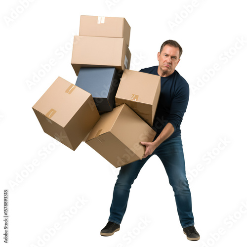 Adult Man Carrying Stack of Cardboard Boxes with Transparent Background