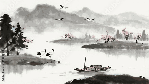 Tea House Vista Japanese style landscape isolated watercolor vector illustration svg