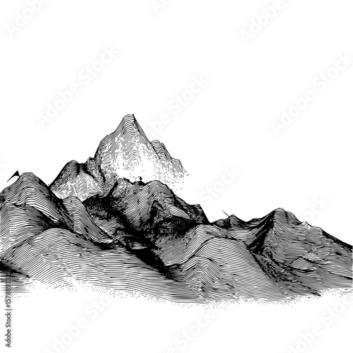 Detailed line drawing of a mountain range with a prominent peak and layered textured slopes in black and white