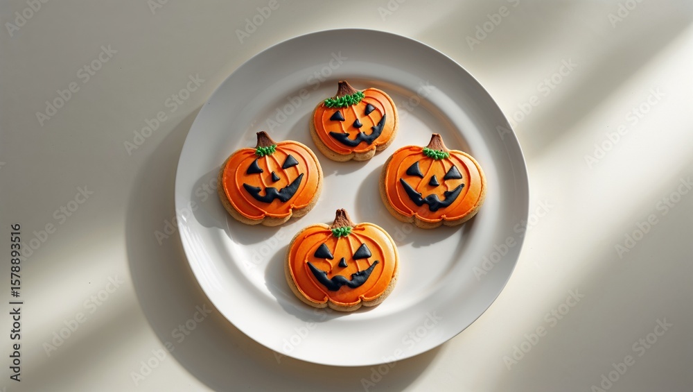 Fototapeta premium Admire festive Halloween pumpkin cookies with intricate icing designs, beautifully presented on a white plate for seasonal baking inspiration and spooky party treat decoration ideas.