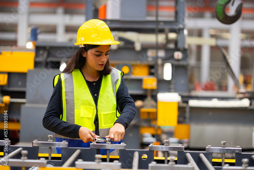 maintenance and service factory : indian female Professional Mechanical Engineer in safety hardhat Working Maintenance sheet metal roof tile roll forming machine at industrial manufacturing factory