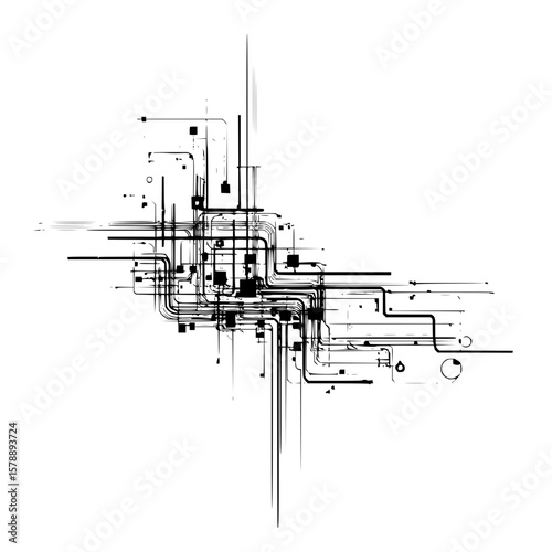 Abstract network design featuring interconnected lines and geometric shapes on a white background layout