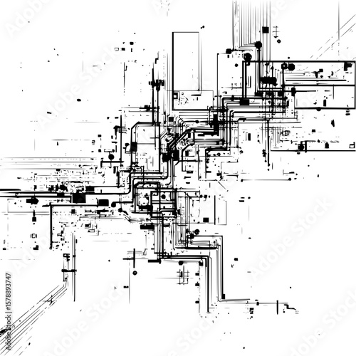 Abstract schematic diagram featuring interconnected lines and geometric shapes on white background