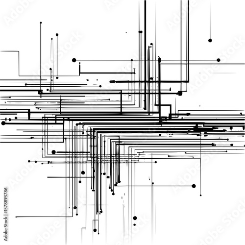 Abstract black lines and circles creating a complex network on a white background illustration art