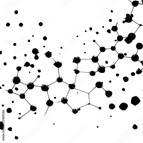 Illustration of a complex molecular structure with connected spheres and scattered small dots design