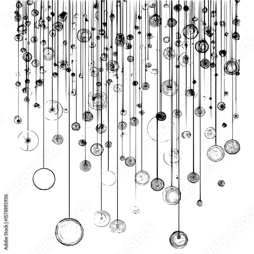 Abstract illustration featuring hanging circles and vertical lines in a monochrome design scheme