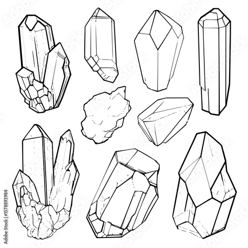 Illustration of various quartz crystals with different shapes and sizes in black and white outline