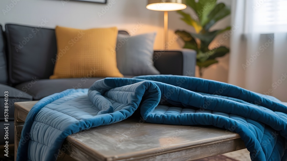 Obraz premium Cozy blue velvet weighted blanket draped over a rustic wooden coffee table in a modern living room