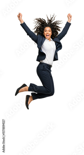 Cheerful Businesswoman Jumping Celebrating Success Full Length Transparent