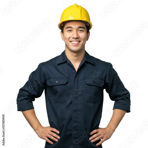 Confident Asian Worker with Yellow Hard Hat Portrait in Transparent Background