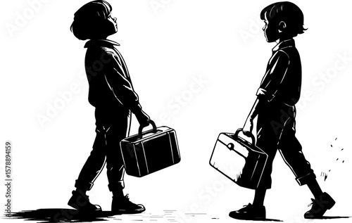 Children Walking to School with Briefcases: Silhouettes of Students with Books