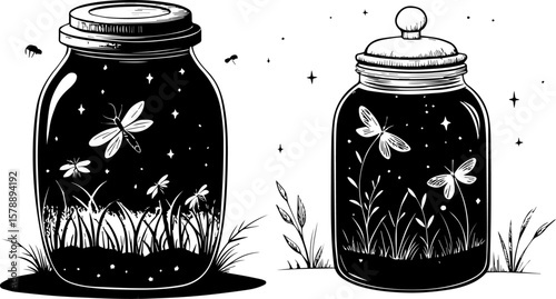 Fireflies in Jars with Grass and Stars: Summer Night Nature Silhouettes