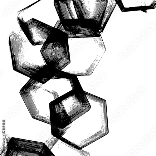 Abstract black and white illustration of interconnected hexagons in a vertical arrangement design concept