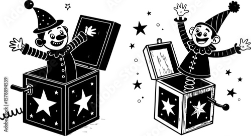 Jack-in-the-Box Toy Silhouettes: Surprise Clown Characters with Stars