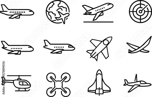 Aircraft Outline Icon Set – Line Icons for Airline, Travel, Drone, Helicopter, Jet, Radar, Spacecraft & More