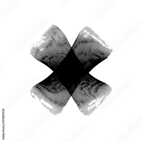 Abstract black and white cross shape design with textured lines and central diamond intersection point