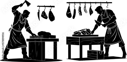 Butchers at Work: Silhouettes of Men Cutting Meat in a Shop